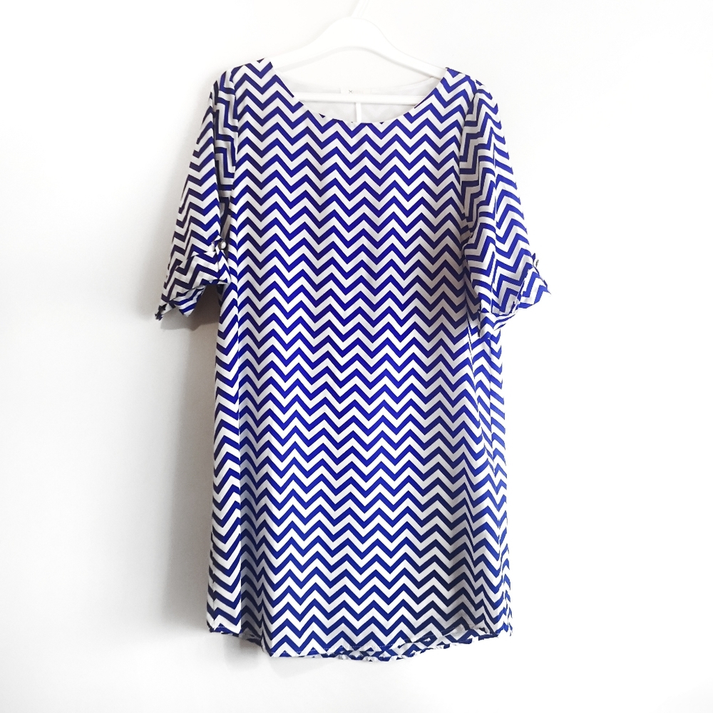 Everly Chevron Blue/Purple and White Shift Dress